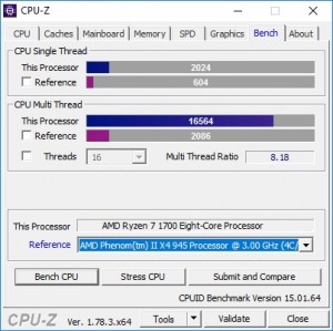 p09 R7-1700 default CPU-Z bench vs PhenomII X4 945