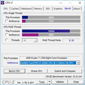 p10 R7-1700 default CPU-Z bench vs i5-2500K